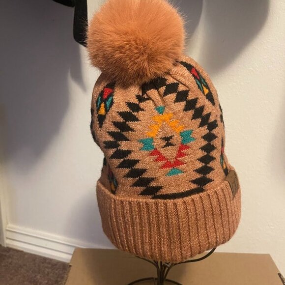 C.C Aztec Print‎ Beanie With Faux Fur Pom Womens Rayon/Nylon Blend Multicolor - Picture 2 of 14